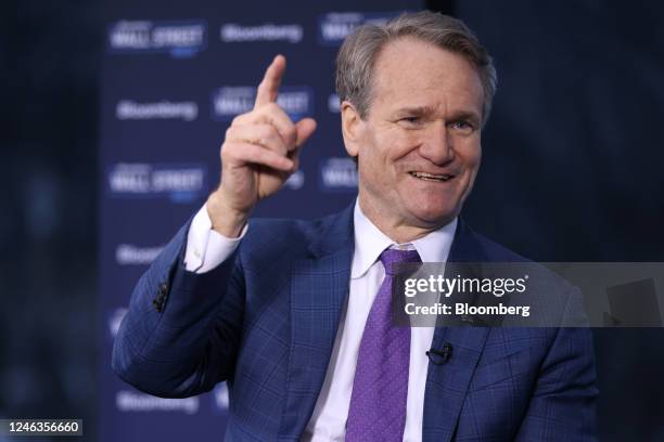 Brian Moynihan, chief executive officer of Bank of America Corp., during a Bloomberg Television interview on day three of the World Economic Forum in...