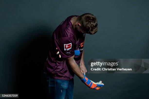 Jonas Omlin poses after he signs a contract with Borussia Mönchengladbach at Borussia-Park on January 19, 2023 in Moenchengladbach, Germany.