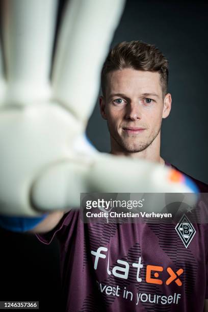 Jonas Omlin poses after he signs a contract with Borussia Mönchengladbach at Borussia-Park on January 19, 2023 in Moenchengladbach, Germany.