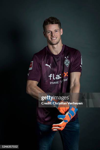 Jonas Omlin poses after he signs a contract with Borussia Mönchengladbach at Borussia-Park on January 19, 2023 in Moenchengladbach, Germany.