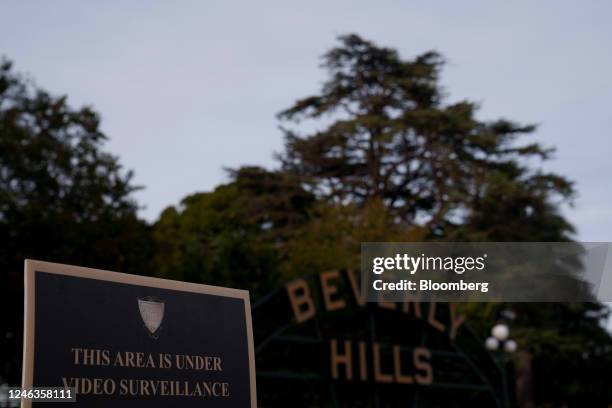 Sign for video surveillance in Beverly Hills, California, US, on Thursday, Jan. 12, 2023. The affluent LA suburb has pioneered an integrated system...