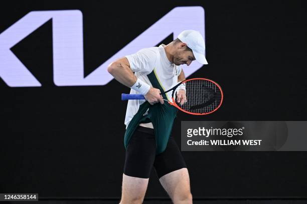 Britain's Andy Murray reacts after a point against Australia's Thanasi Kokkinakis during their men's singles match on day four of the Australian Open...