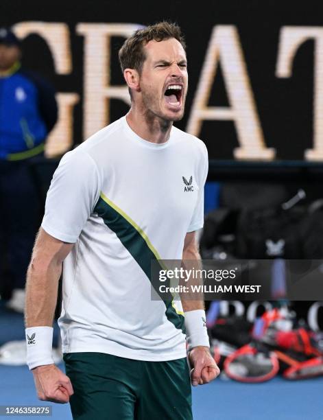 Britain's Andy Murray celebrates after victory against Australia's Thanasi Kokkinakis during their men's singles match on day four of the Australian...