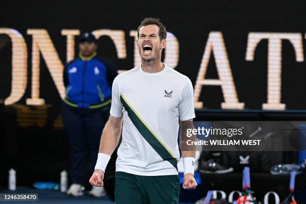 Britain's Andy Murray celebrates after victory against Australia's Thanasi Kokkinakis during their men's singles match on day four of the Australian...