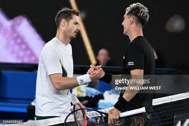 Britain's Andy Murray greets Australia's Thanasi Kokkinakis after winning their men's singles match on day four of the Australian Open tennis...