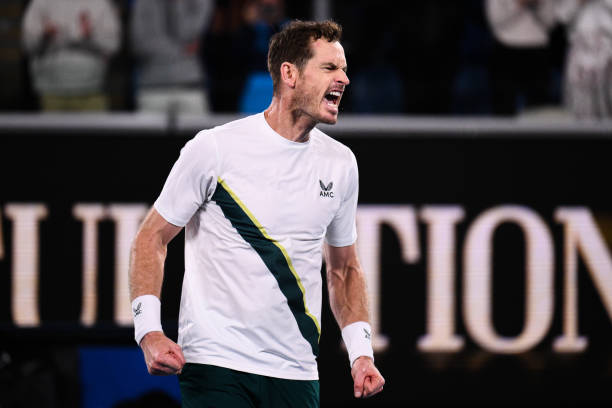 Andy Murray celebrates victory after winning his second round match at the Australian Open grand slam tennis tournament at Melbourne Park in...