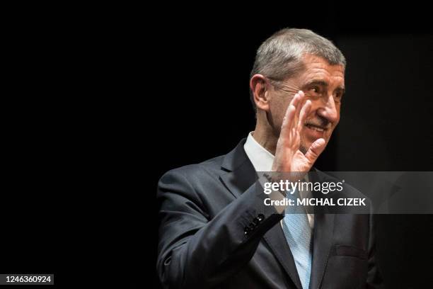 Candidate at the Czech Presidential elections and former Prime Minister Andrej Babis greets the supporters from the podium during an election...