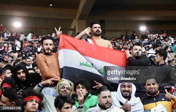 Fans of Iraq cheer at tribune during the Arabian Gulf Cup final match between Iraq and Oman at the Basra Stadium in Basra, Iraq on January 19, 2023.