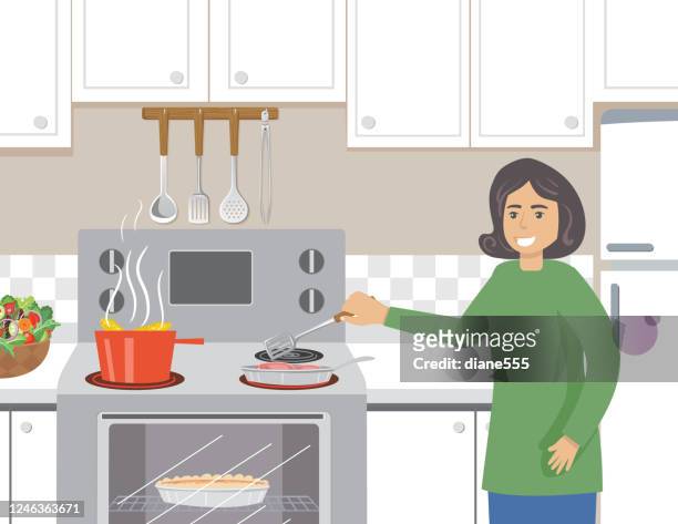 Mujer Cocinando La Cena En Su Cocina Ilustración de stock - Getty Images