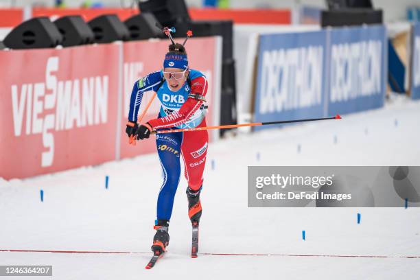 Caroline Colombo of France in the finish during the Women 7.5 km Sprint at the BMW IBU World Cup Biathlon Antholz-Anterselva on January 19, 2023 in...