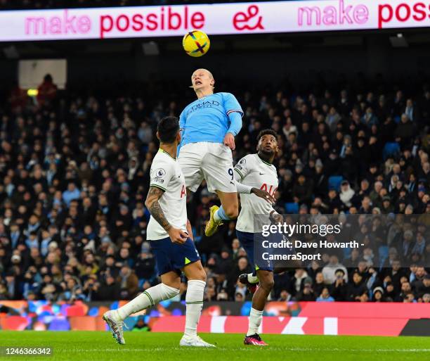 Manchester City's Erling Haland tries to get his head on a cross during the Premier League match between Manchester City and Tottenham Hotspur at...