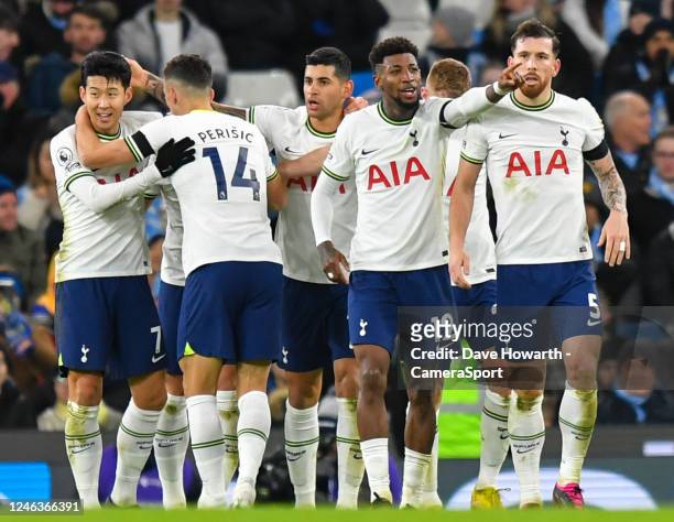 Tottenham Hotspur's Emerson Royal celebrates scoring his side's second goal during the Premier League match between Manchester City and Tottenham...
