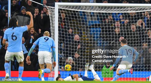 Manchester City's Julian Alvarez gets one back for his side during the Premier League match between Manchester City and Tottenham Hotspur at Etihad...