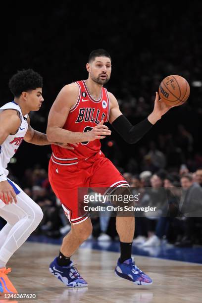 Nikola Vucevic of the Chicago Bulls passes the ball during the game against the Detroit Pistons on January 19, 2023 at Accor Arena in Paris, France....