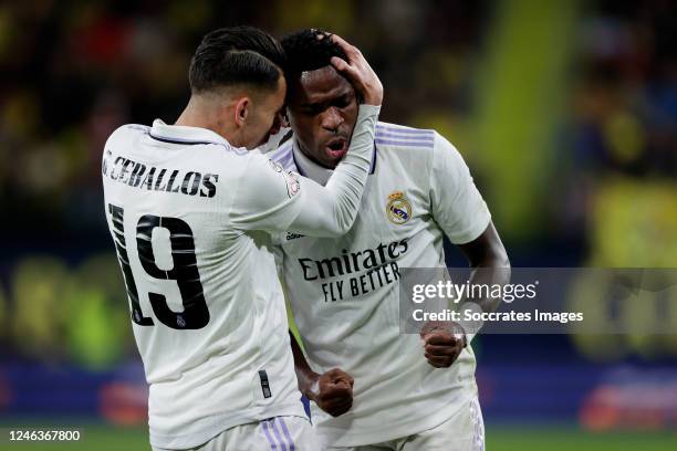 Vinicius Junior of Real Madrid celebrates 2-1 with Dani Ceballos of Real Madrid during the Spanish Copa del Rey match between Villarreal v Real...