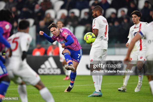 Federico Chiesa of Juventus scores a goal during the Coppa Italia match between Juventus and Monza at Juventus Stadium on January 19, 2023 in Turin,...