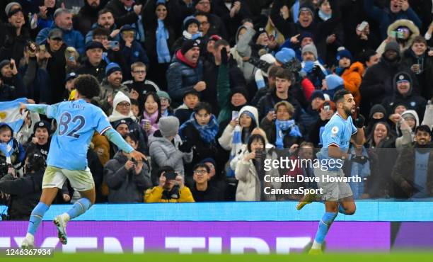 Manchester City's Riyad Mahrez celebrates scoring his side's third goal during the Premier League match between Manchester City and Tottenham Hotspur...