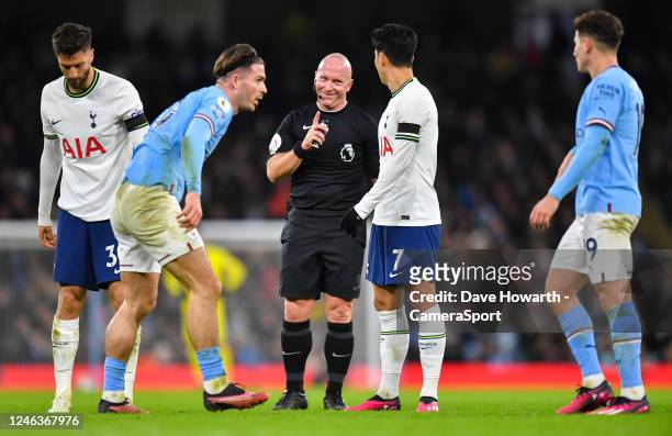 Referee Simon Hooper breaks into a smile during the Premier League match between Manchester City and Tottenham Hotspur at Etihad Stadium on January...