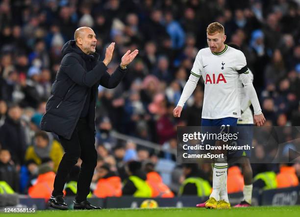 Manchester City manager Josep Guardiola gees his team up during the Premier League match between Manchester City and Tottenham Hotspur at Etihad...