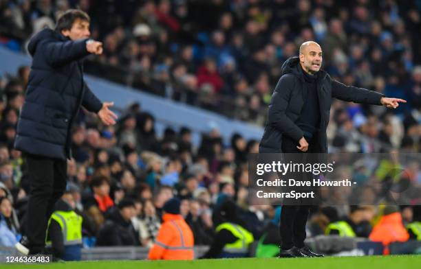 Manchester City manager Josep Guardiola shouts instructions to his team from the technical area during the Premier League match between Manchester...