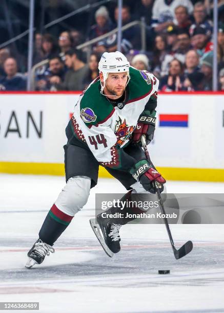 Zack Kassian of the Arizona Coyotes plays the puck during first period action against the Winnipeg Jets at Canada Life Centre on January 15, 2023 in...