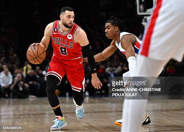 Chicago Bulls' US small forward Zach LaVine runs with the ball during the 2023 NBA Paris Games basketball match between Detroit Pistons and Chicago...