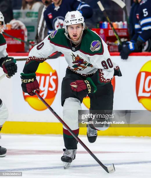 Moser of the Arizona Coyotes skates during second period action against the Winnipeg Jets at Canada Life Centre on January 15, 2023 in Winnipeg,...