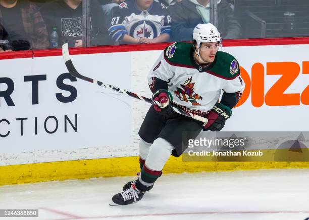 Nick Schmaltz of the Arizona Coyotes skates during third period action against the Winnipeg Jets at Canada Life Centre on January 15, 2023 in...