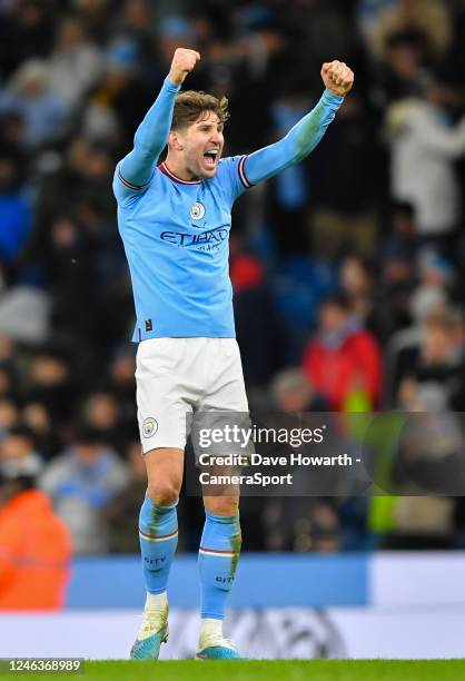 Manchester City's John Stones celebrates during the Premier League match between Manchester City and Tottenham Hotspur at Etihad Stadium on January...