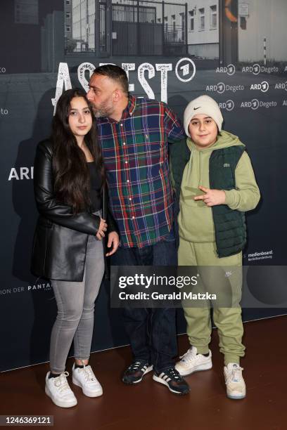 Dunya Ramadan, Kida Khodr Ramadan and Mohamad Momo Ramadan attend the "Asbest" Series Premiere at Passage Kino on January 19, 2023 in Berlin, Germany.