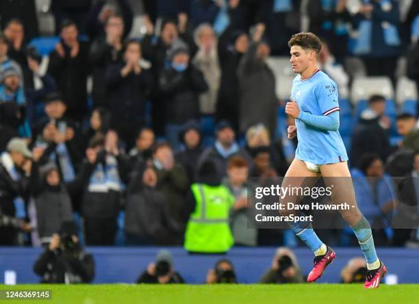 Manchester City's Julian Alvarez leaves the field after the Premier League match between Manchester City and Tottenham Hotspur at Etihad Stadium on...