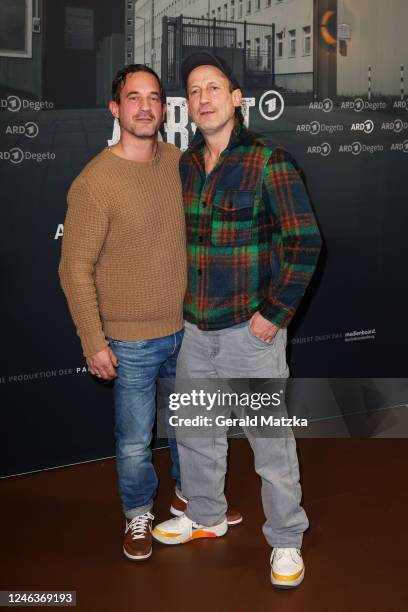 Sönke Möhring and Wotan Wilke Möhring attend the "Asbest" Series Premiere at Passage Kino on January 19, 2023 in Berlin, Germany.