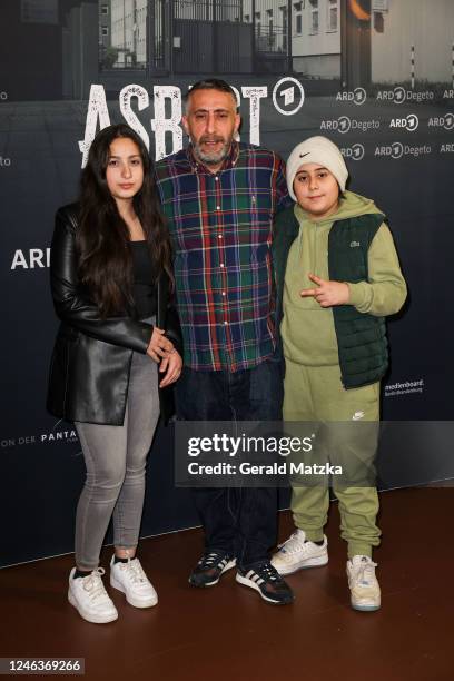 Dunya Ramadan, Kida Khodr Ramadan and Mohamad Momo Ramadan attend the "Asbest" Series Premiere at Passage Kino on January 19, 2023 in Berlin, Germany.