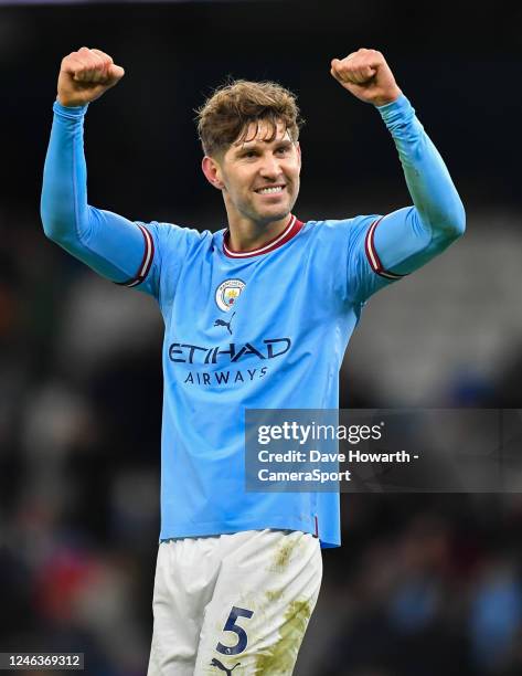 Manchester City's John Stones celebrates during the Premier League match between Manchester City and Tottenham Hotspur at Etihad Stadium on January...