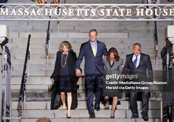 January 4: Governor Charlie Baker, center with his wife First Lady Lauren Baker, Lt. Governor Karyn Polito and her husband Steve Rodolakis during his...