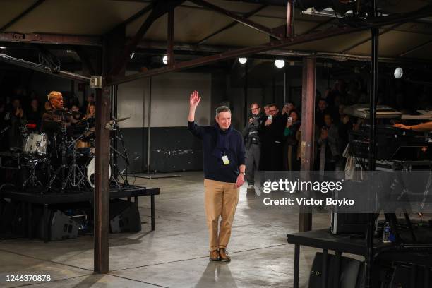 Designer Dries Van Noten walks the runway during the Dries Van Noten Menswear Fall-Winter 2023-2024 show as part of Paris Fashion Week on January 19,...