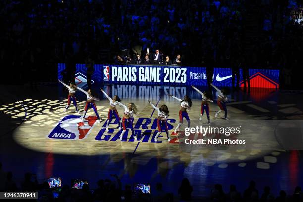 The Detroit Pistons dance team performs before the game against the Chicago Bulls as part of NBA Paris Games 2023 on January 19, 2023 at Accor Arena...