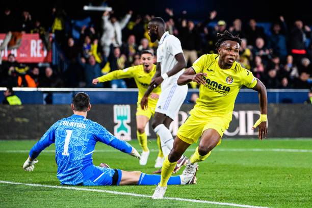 Samuel Chukwueze of Villarreal CF celebrates his goal during the Copa del Rey match between Villarreal FC and Real Madrid CF at Estadio de la...