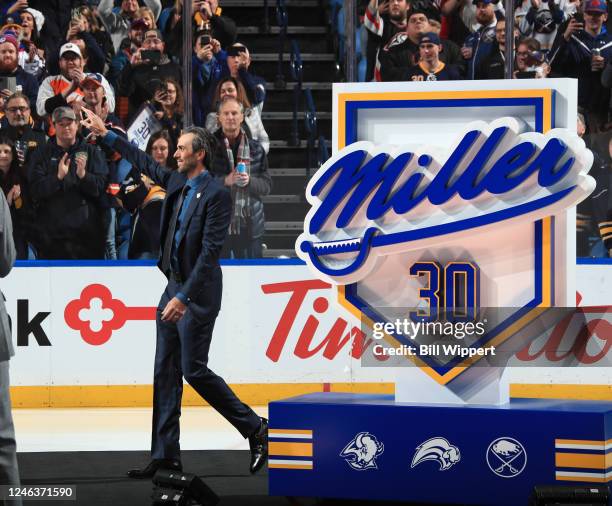 Former Buffalo Sabres goaltender Ryan Miller acknowledges the crowd as he is introduced during his jersey retirement ceremony prior to the NHL game...