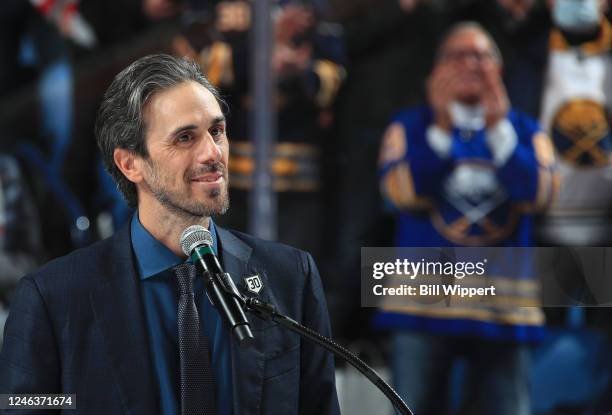 Former Buffalo Sabres goaltender Ryan Miller speaks during his jersey retirement ceremony prior to the NHL game against the New York Islanders on...