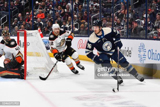 Jack Roslovic of the Columbus Blue Jackets skates with the puck during the first period of a game against the Anaheim Ducks at Nationwide Arena on...