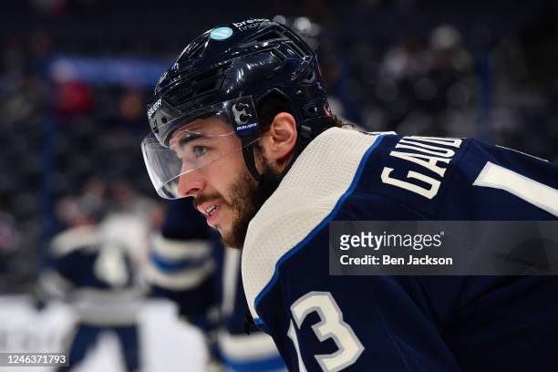 Johnny Gaudreau of the Columbus Blue Jackets warms up prior to a game against the Anaheim Ducks at Nationwide Arena on January 19, 2023 in Columbus,...