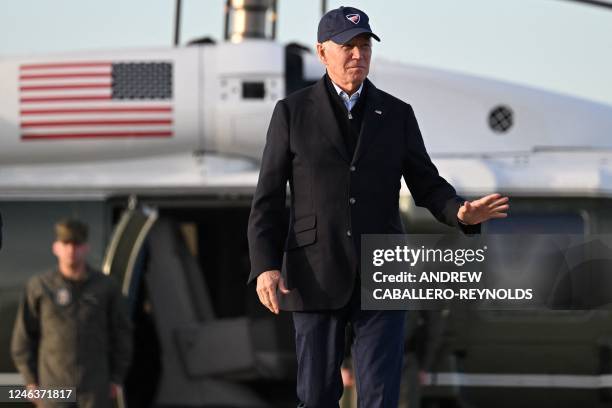 President Joe Biden departs after inspecting flood damage from recent storms, at Moffett Federal Airfield in Santa Clara county in Mountain View,...