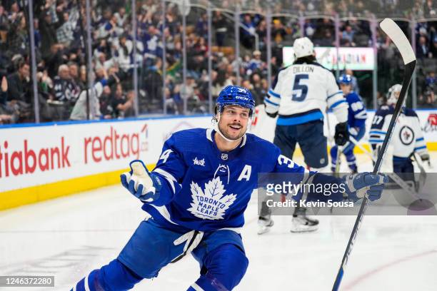 Auston Matthews of the Toronto Maple Leafs celebrates his goal against the Winnipeg Jets during the second period at the Scotiabank Arena on January...