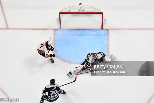 Adam Henrique of the Anaheim Ducks scores a goal during the second period of a game against the Columbus Blue Jackets at Nationwide Arena on January...