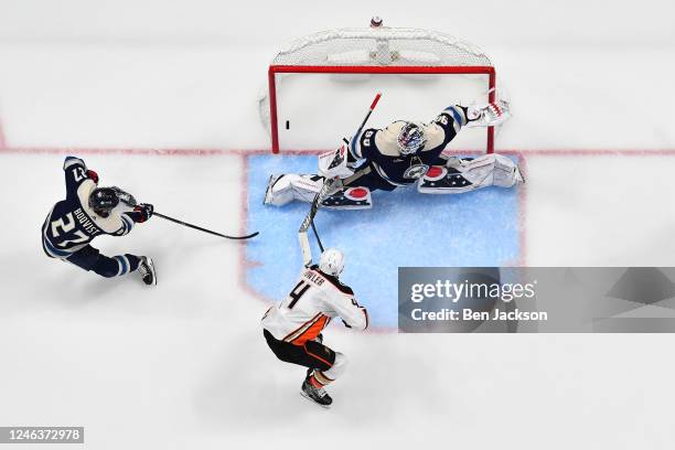 Cam Fowler of the Anaheim Ducks scores a goal during the second period of a game against the Columbus Blue Jackets at Nationwide Arena on January 19,...