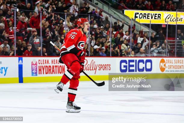 Brady Skjei of the Carolina Hurricanes celebrates a goal against the Minnesota Wild during the second period at PNC Arena on January 19, 2023 in...