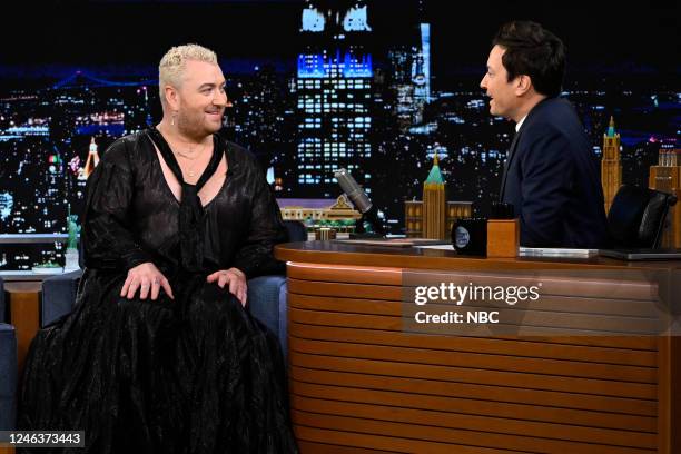 Episode 1781 -- Pictured: Singer-songwriter Sam Smith during an interview with host Jimmy Fallon on Thursday, January 19, 2023 --