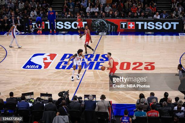 Goran Dragic of the Chicago Bulls brings the ball up court against the Detroit Pistons as part of NBA Paris Games 2023 on January 19, 2023 at Accor...