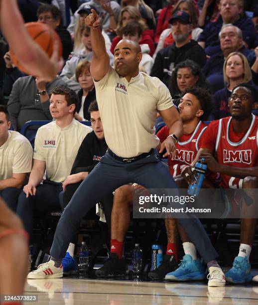 Head coach Stan Johnson of the Loyola Marymount Lions directs his team during the first half of the game against the Gonzaga Bulldogs at McCarthey...